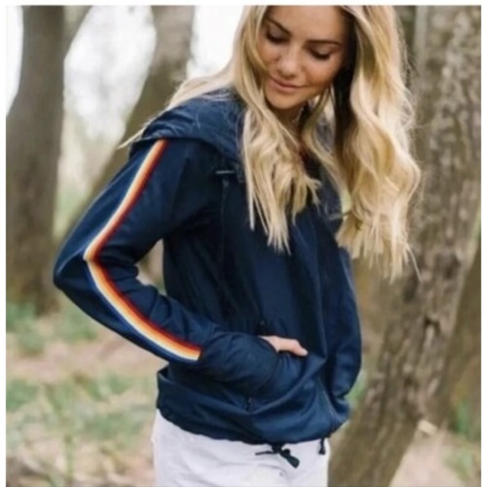 Zyia Active Jacket Womens Small Navy Blue Rainbow Stripe Hooded Windbreaker
